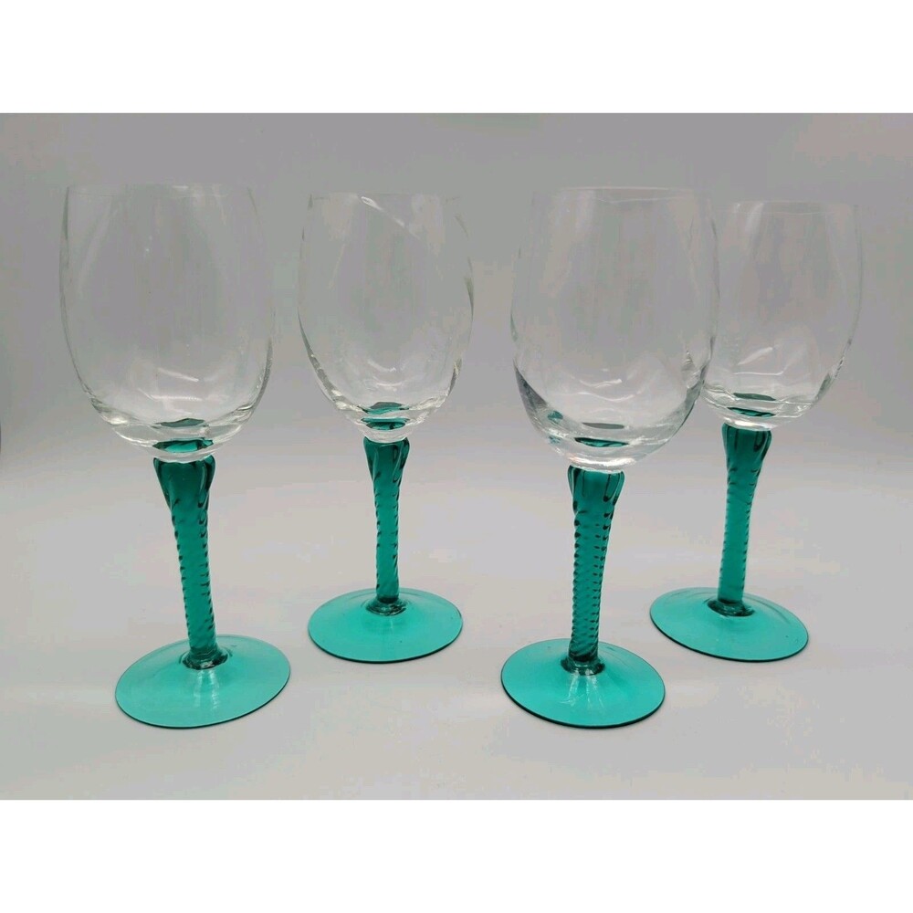 Vth MCM Empoli Italian Art Glass Aqua Teal Twisted Stem Wine Glasses Set of 4